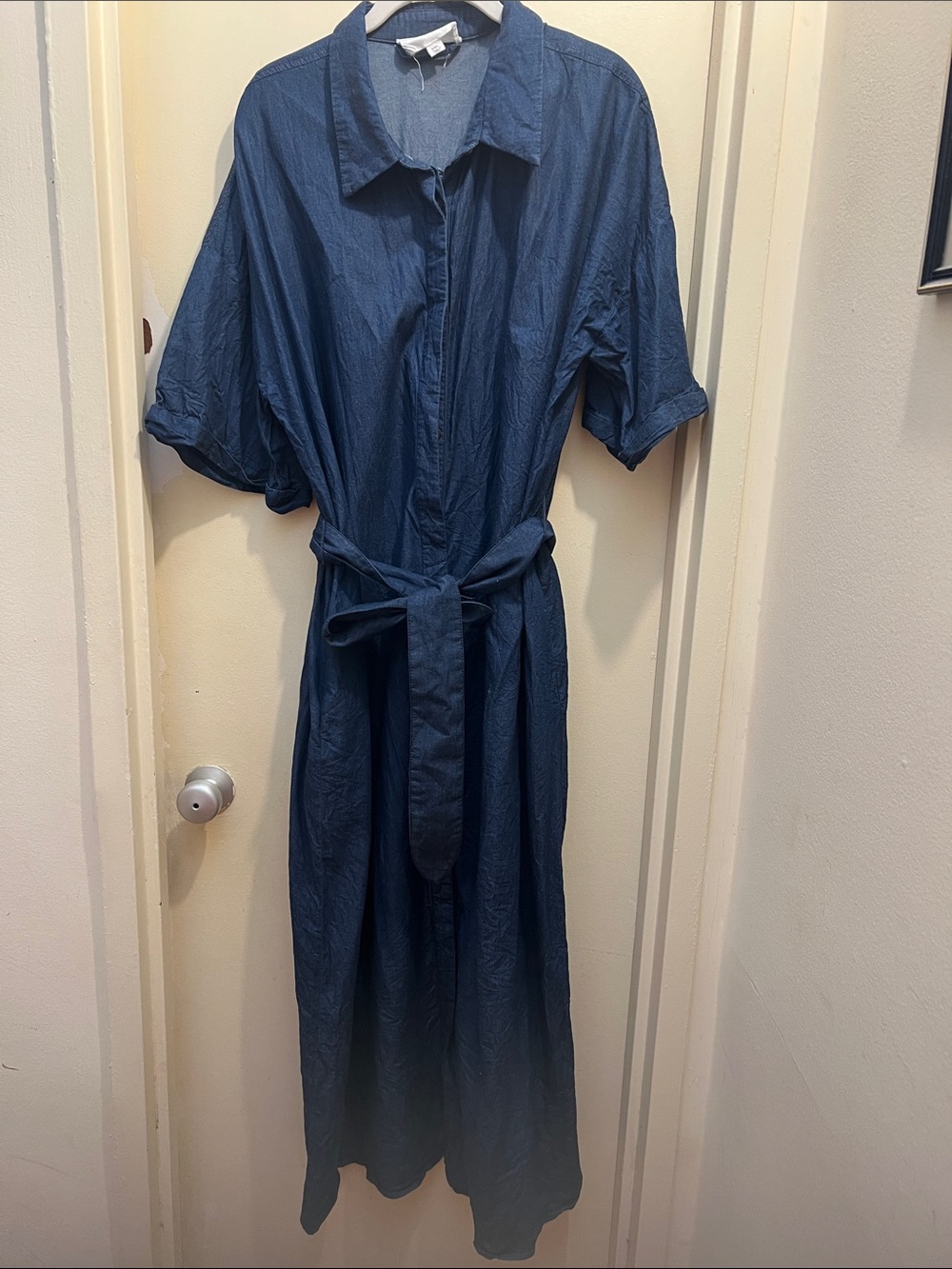 Pomander Place Navy Blue Maxi Shirt Dress with Tie Waist